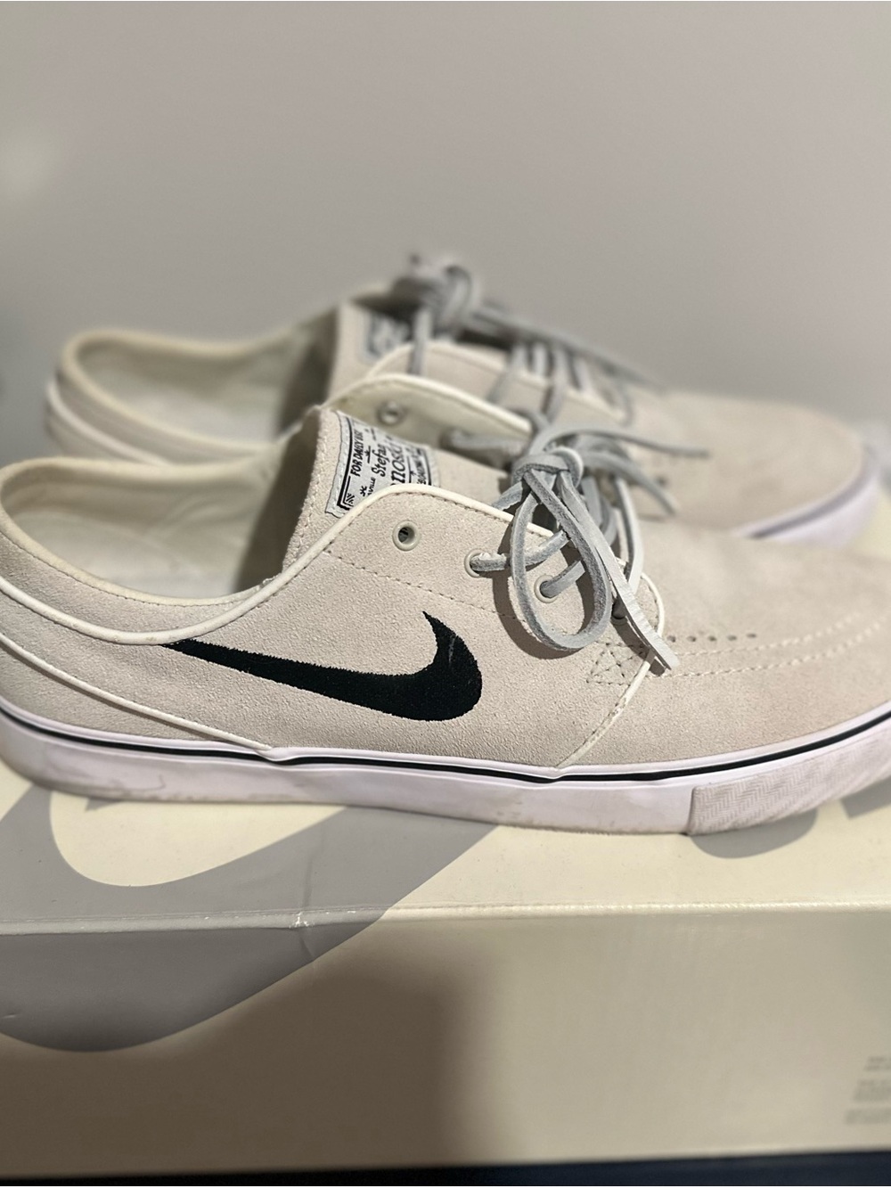Nike Men’s Suede Low-Top Sneakers in Light Beige with Black Swoosh